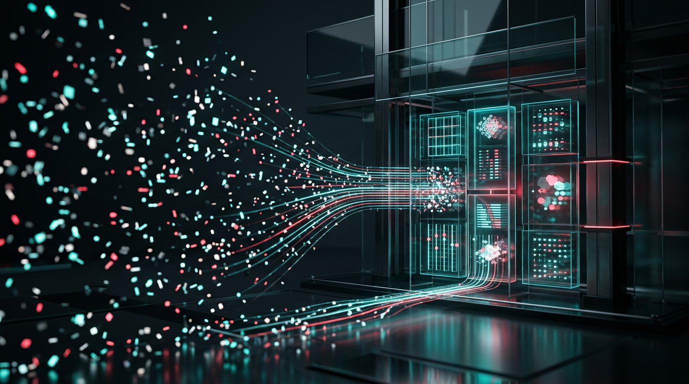 An abstract 3D visualization showing anonymous data points converging into structured company profiles on a digital dashboard.