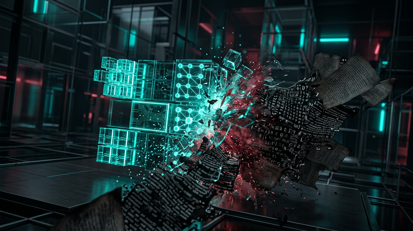 Abstract visualization of structured data nodes clashing with unstructured document text blocks
