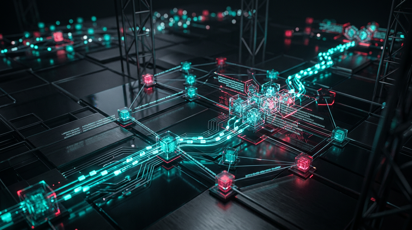 Abstract technical visualization of data packets, network nodes, and cryptographic hashes representing server-side event tracking.