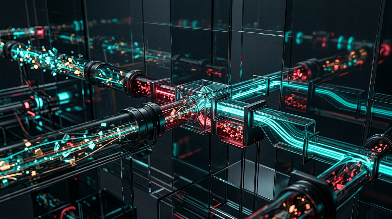Abstract visualization of modular data pipelines and selective schema filtering nodes without text