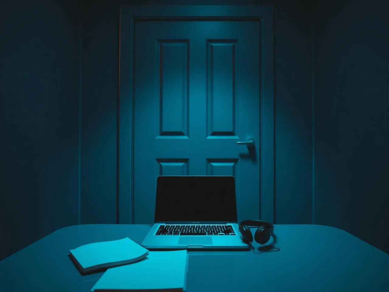 A quiet private room set up for a video call with a laptop, headphones, and a closed door