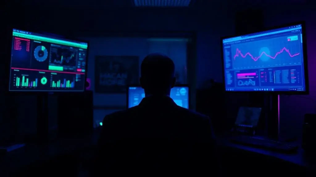 Executive reviewing conflicting dashboards in a dark office