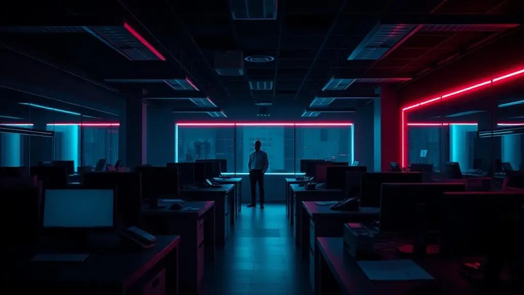 Half-empty sales floor at night with phones unattended