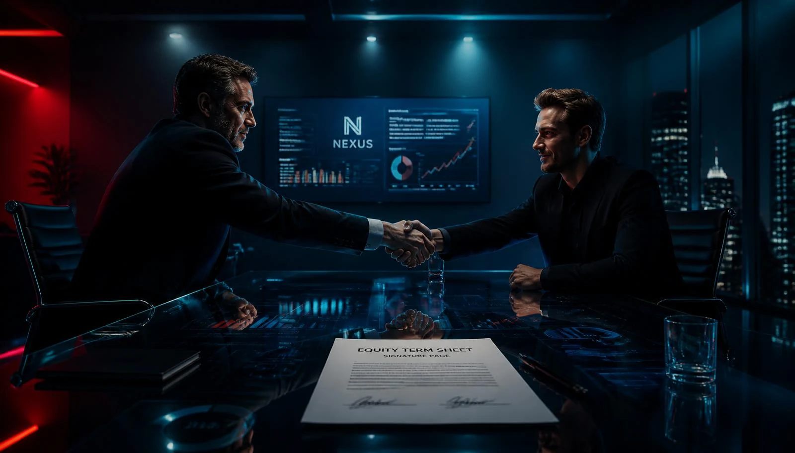 Two executives shaking hands over a signed equity term sheet in a neon-lit boardroom at night
