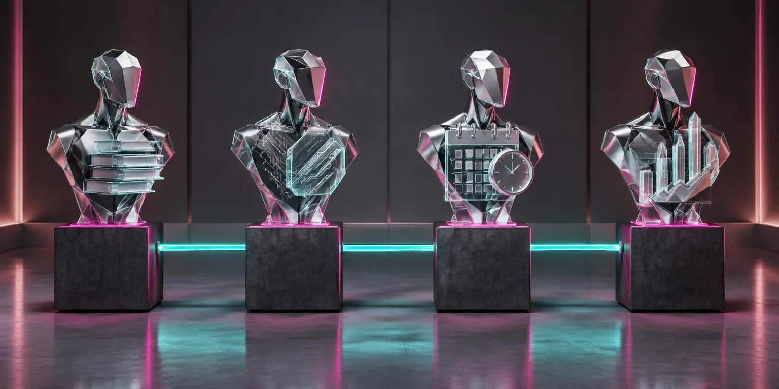 Four faceless glass and chrome AI roles connected as one roster