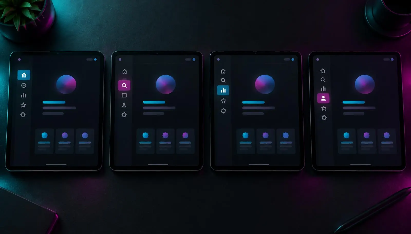 Four tablets side by side, each showing the same app with a different single-menu sidebar